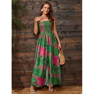 Slit Smocked Printed Spaghetti Strap Dress - summer