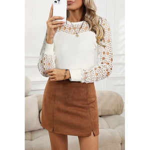 Stylish Hollowed Floral Lace Spliced Long Sleeve Blouse