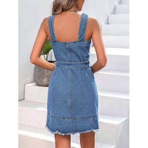 Summer Casual Comfort Button Up Raw Hem Denim Dress