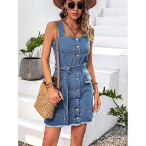 Summer Casual Comfort Button Up Raw Hem Denim Dress