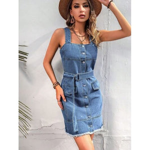 Summer Casual Comfort Button Up Raw Hem Denim Dress