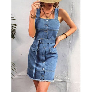 Summer Casual Comfort Button Up Raw Hem Denim Dress