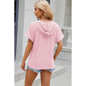 Summer Drawstring Hooded Short Sleeve Blouse / Available