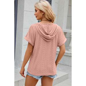 Summer Drawstring Hooded Short Sleeve Blouse / Available