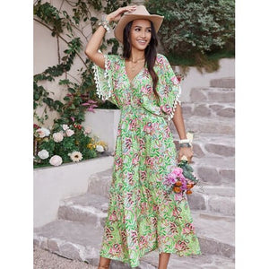 Summer Floral V-Neck Short Sleeve Dress - summer