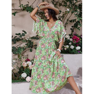 Summer Floral V-Neck Short Sleeve Dress - summer