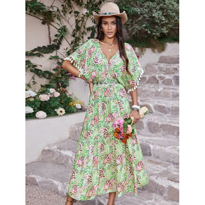 Summer Floral V-Neck Short Sleeve Dress - summer