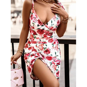 Summer Printed V-Neck Wide Strap Dress - summer