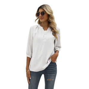 Swiss Dot Notched Neck Three-Quarter Sleeve Blouse