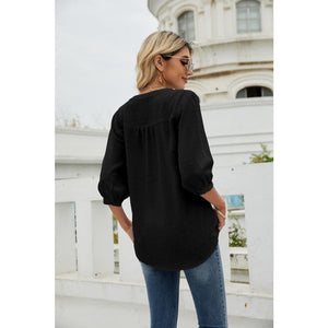 Swiss Dot Notched Neck Three-Quarter Sleeve Blouse