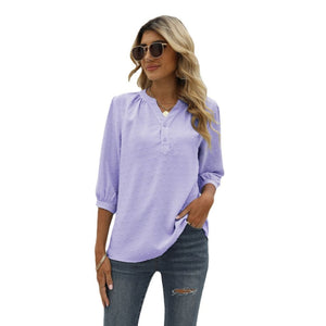 Swiss Dot Notched Neck Three-Quarter Sleeve Blouse