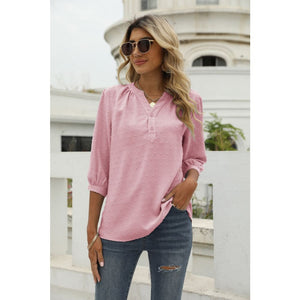 Swiss Dot Notched Neck Three-Quarter Sleeve Blouse - Blouses
