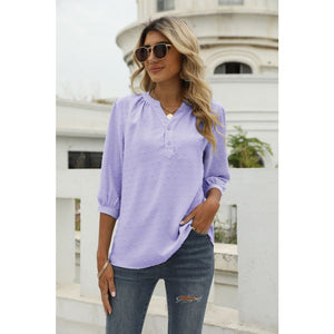 Swiss Dot Notched Neck Three-Quarter Sleeve Blouse