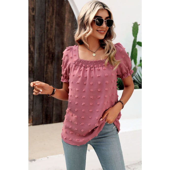 Swiss Dot Puff Sleeve Square Neck Blouse - Tops
