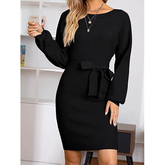 Tie Waist Long Sleeve Mini Dress - Dresses