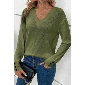 Womans Elegant Button V-Neck Long Sleeve - Blouses And Tops