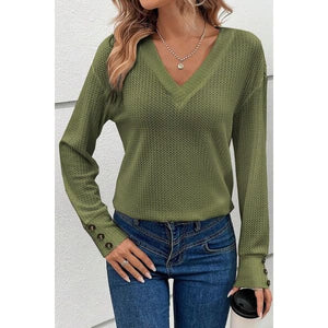 Womans Elegant Button V-Neck Long Sleeve - Blouses And Tops