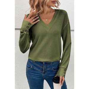 Womans Elegant Button V-Neck Long Sleeve - Blouses And Tops