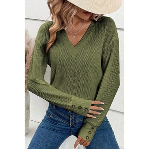 Womans Elegant Button V-Neck Long Sleeve - Blouses And Tops