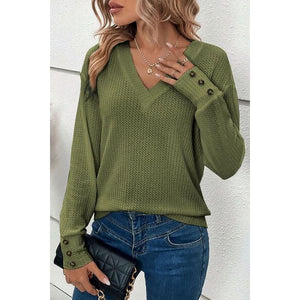 Womans Elegant Button V-Neck Long Sleeve - Blouses And Tops