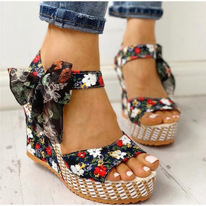 Summer Beach Floral Wedge Sandals with Ankle Strap