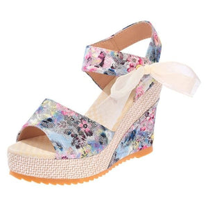 Summer Beach Floral Wedge Sandals with Ankle Strap
